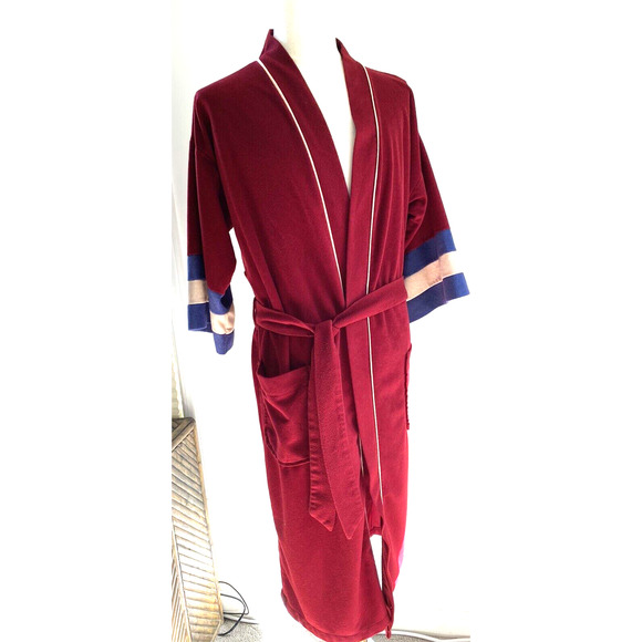 Vintage Mens Robe 80s 90s Retro Velour Color Block Pockets Belted Super Soft - Picture 2 of 10